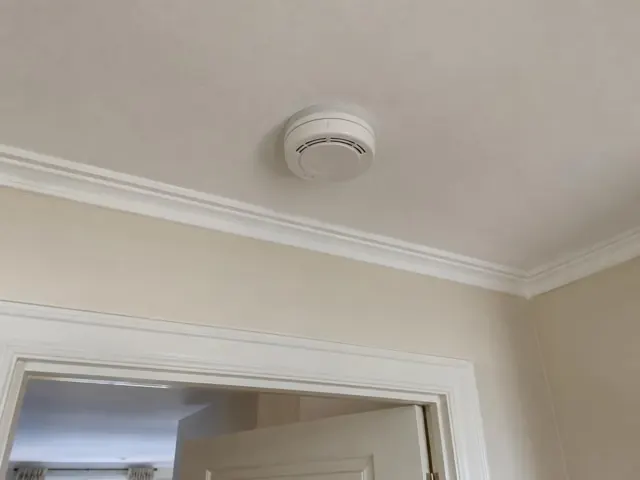 Ceiling smoke alarm in a beige hallway with ornate cornice and a doorway below in Hamilton